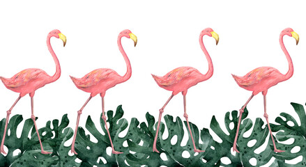 Hand drawn watercolor tropical banner with jungle leaves. Exotic leaves illustrations horizontal frame, jungle tree, brazil trendy. Perfect for design.