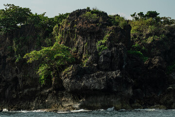 View of a cliff with trees growing on it by the Calventuras islands, Myanmar
