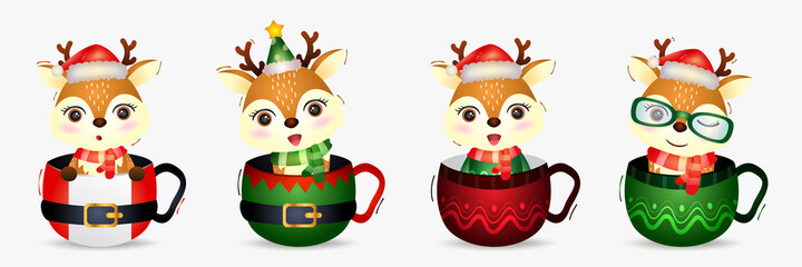 cute deer christmas characters collection with a hat, jacket, scarf and gift box in the christmas cup