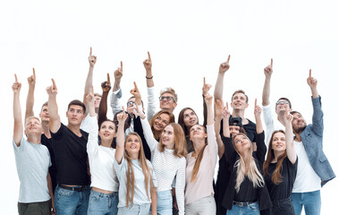 large group of young people pointing up
