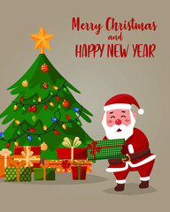 Vector cartoon illustration of friendly Santa Claus with gifts. Christmas tree in the background