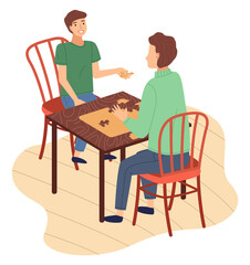 Board game family. People mother and son sitting at table and assemble the puzzle. Home leisure activity concept. Vector illustration in flat cartoon style indoor entertainment for adults and children