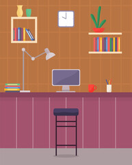 Workplace with modern computer and comfortable chair, office table with cup and stationery in stand, books, working in internet, empty workspace, table lamp, bookshelves, houseplant, clock at wall
