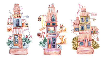 Aquarel kerst magische fantasie sprookjeshuis. Cartoon kwekerij zomer en winter huizen clipart. Illustratie op witte achtergrond