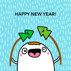 Happy new year hand drawn vector illustration in cartoon doodle style man cheerful holding pine tree