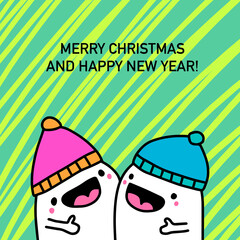 Merry christmas happy new year couple together hand drawn vector illustration in cartoon doodle style