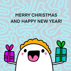 Merry christmas and happy new year hand drawn vector illustration in cartoon doodle style man happy holding presents