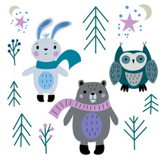 Set of New Years animals - bear, bunny, owl, christmas tree,stars, moon on a white background, in vector graphics. For the design of postcards, posters, wrapping paper, covers, prints for textiles