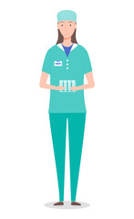 Laboratory assistant woman holding stand with empty test tubes in hands, professional medical assistant with glass flasks, flat cartoon character portrait in medical gown and protective hat smiling