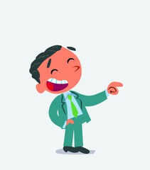 cartoon character of businessman points to his side while laughing