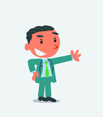 Pleased cartoon character of businessman points to something.