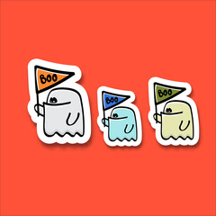 cartoon cute ghost sticker set isolated on orange background. Funny boo ghost icon collection