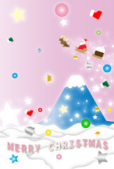 クリスマス　富士山とサンタクロース　ピンク空
