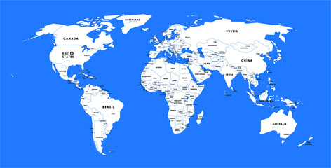 Blue vector world map complete with all countries and capital cities names. Vector illustration.
