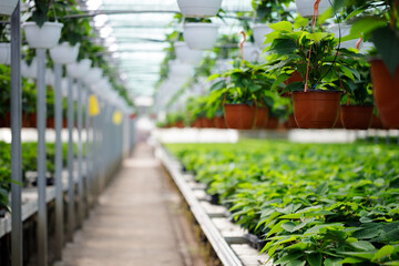Plants and flowers in the sunny greenhouse or horticulture