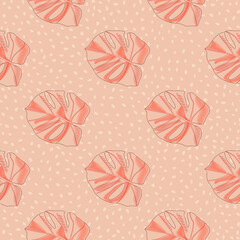 Abstract monstera leaves elements seamless pattern. Hand drawn floral pink ornament on dotted background.