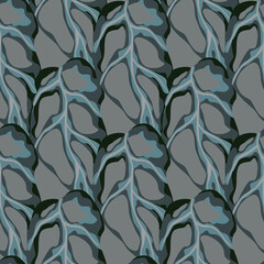 Abstract botanic seamless pattern with grey and blue colored monstera ornament. Pale tones dark tropical artwork.