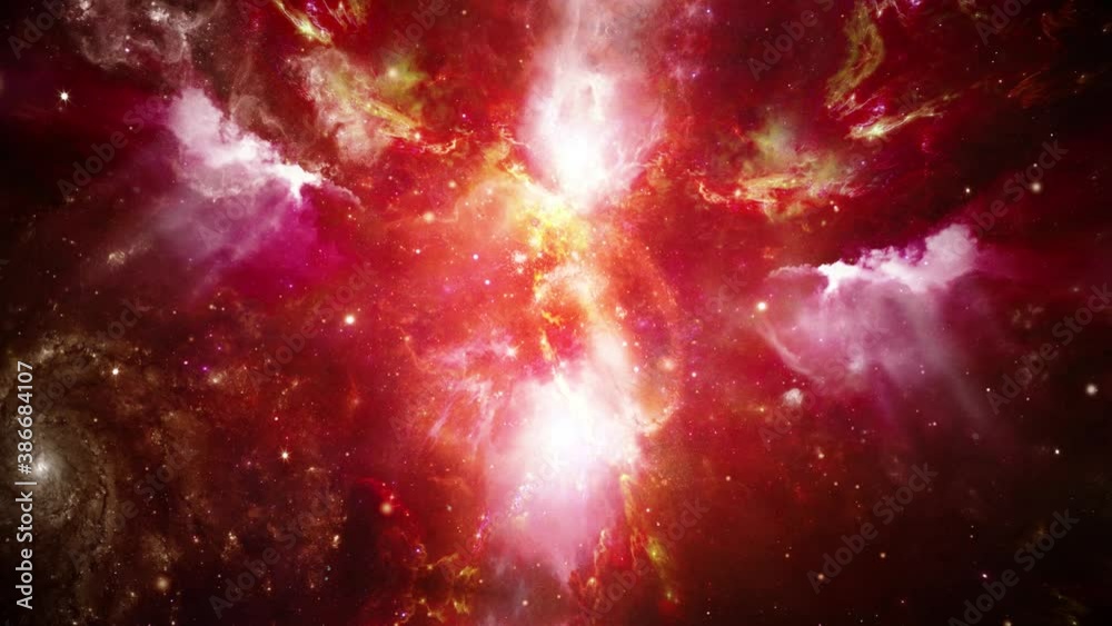 Wall mural loop animation of flying through clouds and gas in space nebulas towards bright red light loop anima