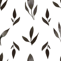 Hand painted botanical seamless pattern. Monochrome plant endless background.