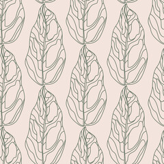 Fototapeta premium Nature seamless doodle pattern with outline leaves ornament. Contoured abstract foliage on light pink background.