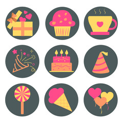 Birthday party icons on the dark background