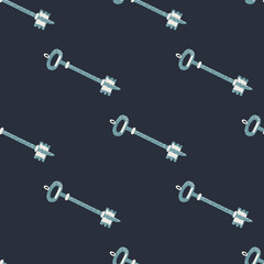 Simple seamless pattern with hand drawn doodle keys. Vintage ornament on navy blue dark background. Victorian old backdrop.