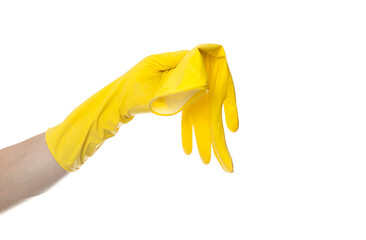 Yellow rubber gloves for cleaning on white background, workhouse concept.