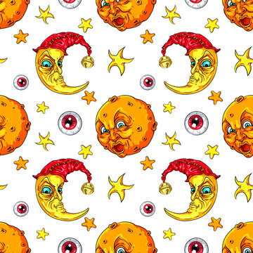 Seamless pattern of evil crescent and full moons with stars and flying eyeballs. Spooky vector illustrations for your Halloween, costume party and other designs, invitations, greeting cards, etc.