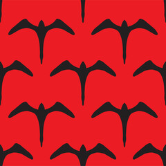 Seamless vector of black flying magpies bird on red background, lucky bird represent happiness
