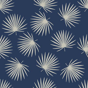 Talipot leaves simple shapes seamless doodle pattern. Light random tropical foliage silhouettes on navy blue background.
