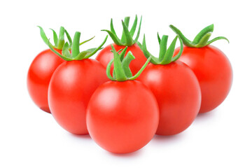 red ripe cherry tomatoes with green branches arranged like billiard balls in a triangle.  macro photography of tomatoes isolated on white background