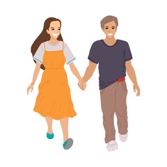 Young couple, holding hands and smiling, newlyweds are walking. Lovers girl and man. Vector illustration on white background