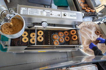 Fresh, hot pumpkin donuts fried in oil and dipped in cinnamon and sugar