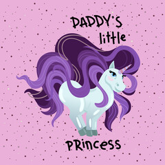 A fabulous pony, a unicorn with a large purple mane. Cartoon illustration for children's textiles, print on clothes for girls. Princess lettering.