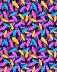 Vector colorful seamless pattern with feather on dark background. Yellow, pink, blue, purple colors.