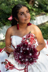 Pretty Mexican with Colorful skirts during traditional Mexican day, young pretty mexican woman...