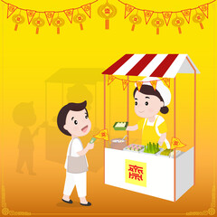 Vector illustration of people shopping for food in a vegetarian festival market with Chinese and Thai flags meaning "vegetarian" on a yellow background.