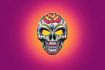 Halloween mask representing a traditional mexican skull with colorful floral pattern isolated on a bright purple background. 
