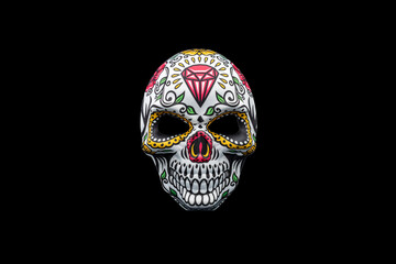 Halloween mask representing a traditional mexican skull with colorful floral pattern isolated on a black background. 