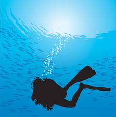 Plongée sous-marine - Plongeur dans un banc de poissons
