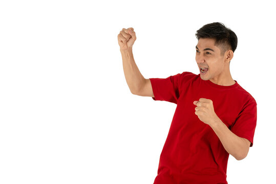 asian guy raise his right hand isolated on white - idear for sport game victory