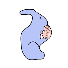 Flat blue rabbit sits and thoughtfully raised a paw in soft pink mittens. 