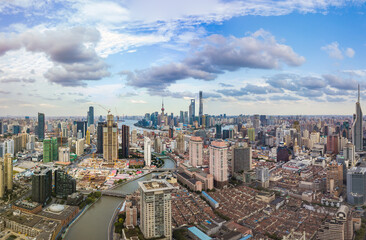 Fototapeta na wymiar Aerial view of the skyscrapers in Shanghai, China, on a cloudy day.