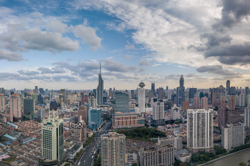 Aerial view of the skyscrapers in Shanghai, China, on a cloudy day.