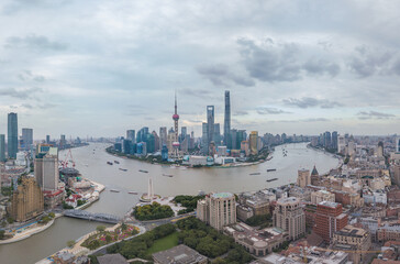 Aerial view of the skyscrapers in Shanghai, China, on a cloudy day.