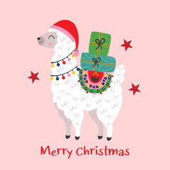 Christmas card with cute llama © nataka