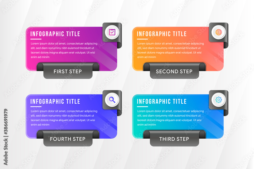 Poster four step infographic with rectangle layout. 3d paper fold style use combination colorful gradient w