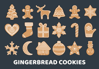 Set of gingerbread cookies. Christmas elements for winter holidays.