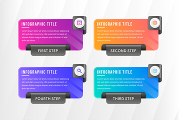 four step infographic with rectangle layout. 3d paper fold style use combination colorful gradient with black colors.