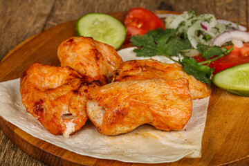 Caucasian chicken shashlik served vegetables